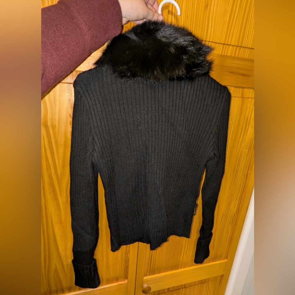 Caché Black Leather Jacket with Fox Fur Collar - Picture 2 of 4